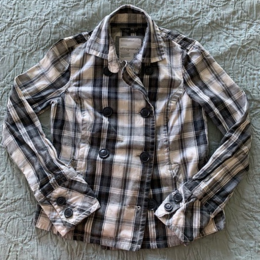 Aeropostale Women's XS Grey/White Plaid Pea Coat